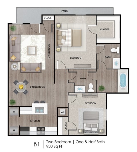 A floor plan of a one and a half bath home with two bedrooms.